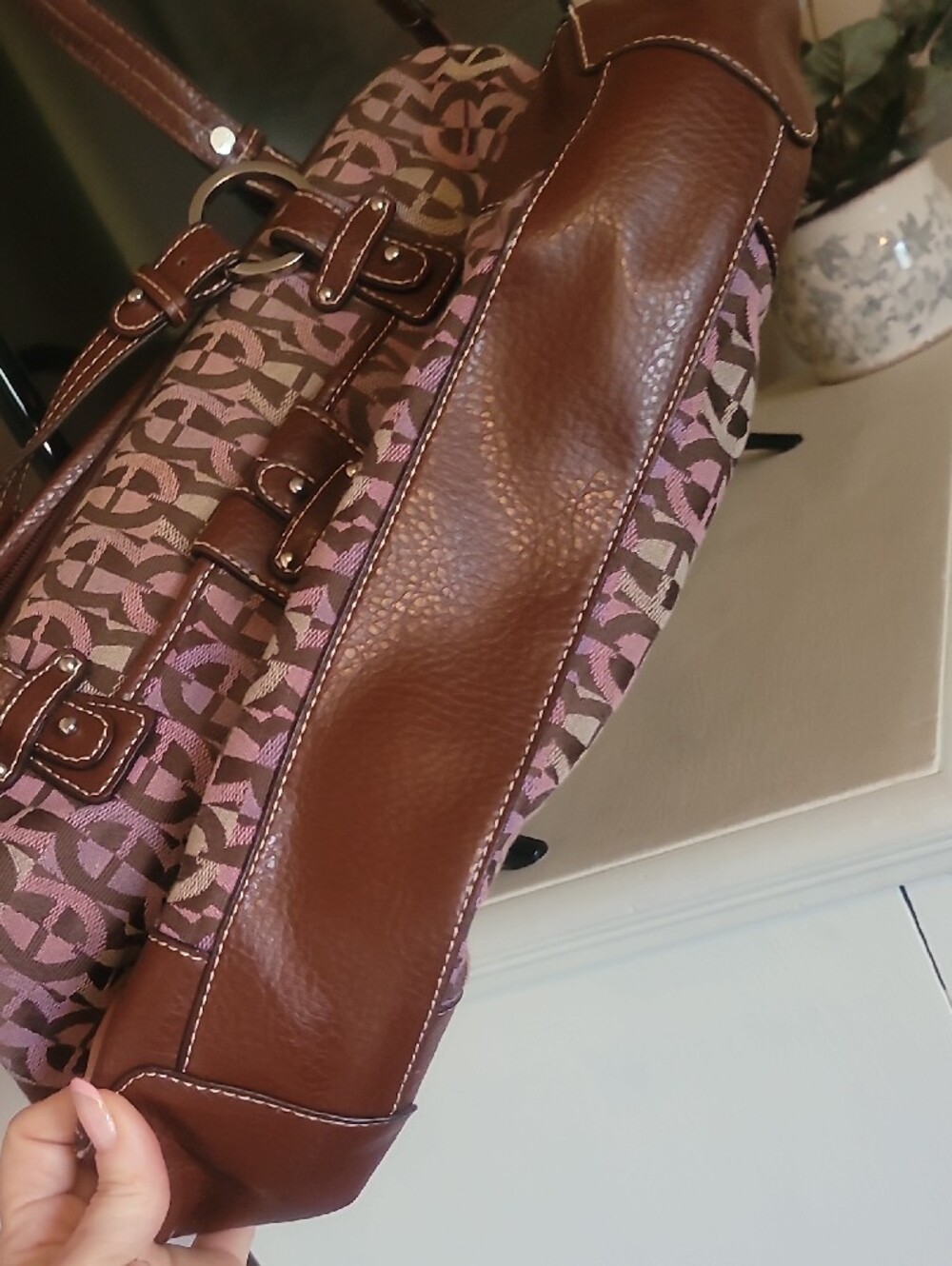 Etienne Aigner Brown & Pink Patterned Satchel with Buckle Detail - Picture 2 of 7